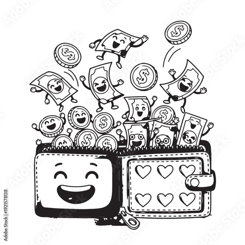 Cartoon wallet with money characters flying out and coins, hearts for love