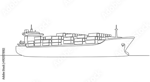 A line art drawing of a large container ship sailing on the water, carrying numerous cargo containers.