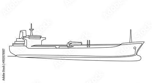 Detailed line drawing of a large cargo ship or tanker, viewed from the side, against a plain white background.