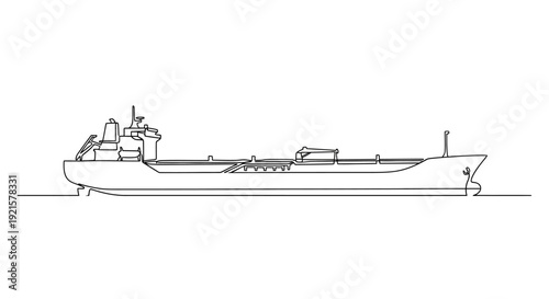 Detailed line drawing of a large cargo ship or tanker vessel on the water, viewed from the side in a technical illustration style.