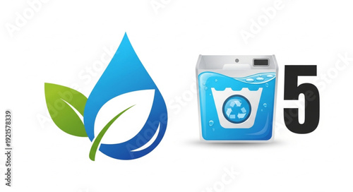 Eco friendly washing machine with water drop and leaf icon.