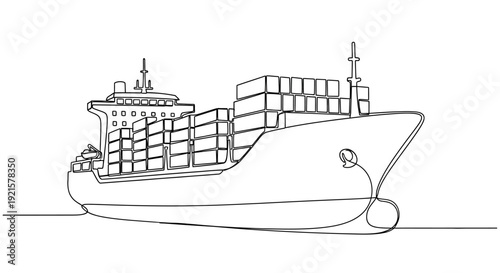 Continuous line drawing of a large cargo container ship sailing on the ocean, illustrating global shipping and logistics.