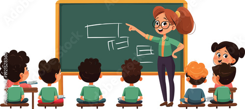 Happy teacher explaining geometry to young students in a classroom setting