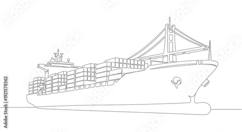 Line art drawing of a large cargo container ship sailing on the ocean, transporting goods globally.