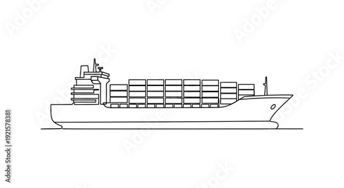 Simple line art illustration of a large container ship carrying multiple cargo containers across the ocean, representing global trade and logistics.