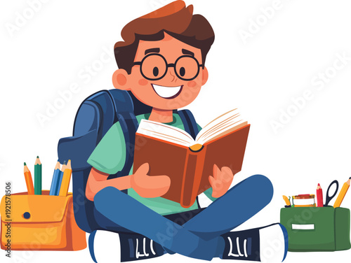 Happy young student boy reading a book with glasses and school supplies around him