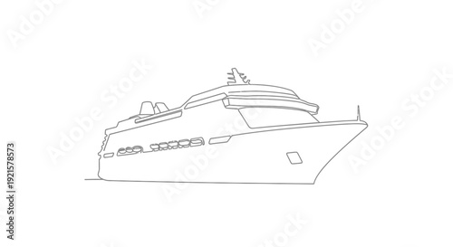 A minimalist line drawing of a large cruise ship sailing on the water, showcasing its decks and structure.