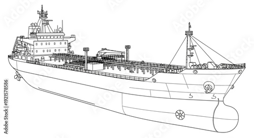 Detailed wireframe illustration of a large cargo ship, likely a tanker, showcasing its hull, deck, and superstructure with intricate line work.