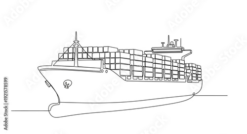 A detailed line drawing of a large container ship loaded with many cargo boxes, sailing on the water.
