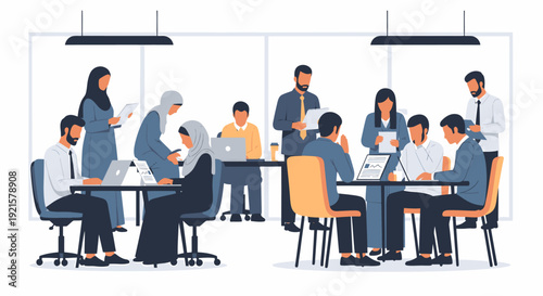 Diverse group of people collaborating in office.