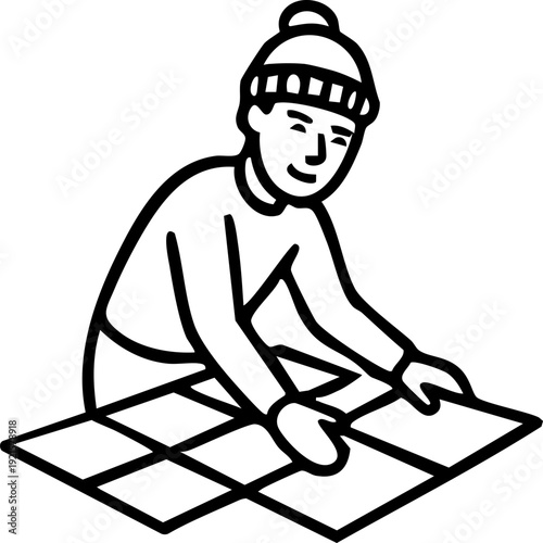 Tile worker installing ceramic floor tiles line icon vector illustration, flooring installation construction editable stroke symbol