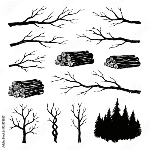 Various black silhouette illustrations of dead tree branches and stacked wood logs on white background