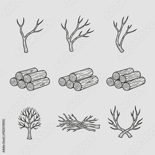 Nine hand drawn illustrations of bare tree branches and stacks of logs on gray background
