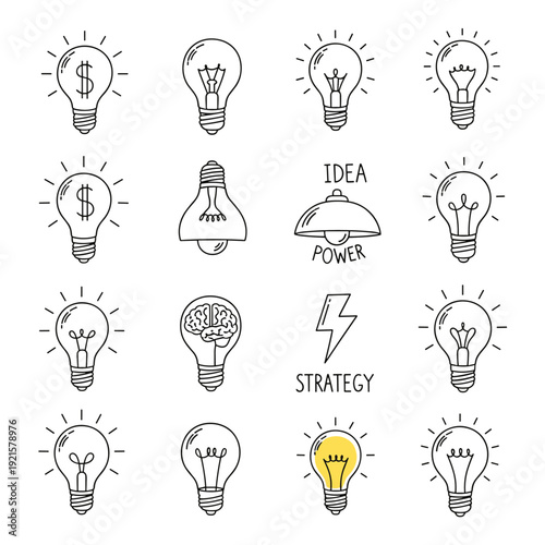 Various hand drawn light bulbs with filament designs and two bulbs with words idea power and strategy