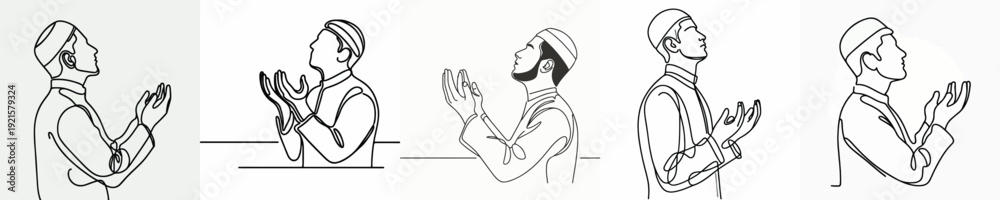 Obraz premium half body line art of a Muslim man standing praying gesture in Ramadan side view