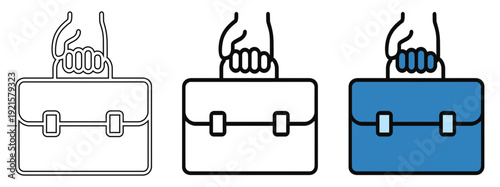 Briefcase Icon with Hand Holding Handle in Outline and Flat Style