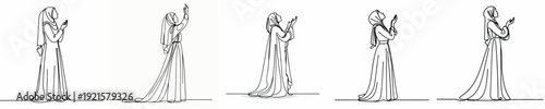 Line art of a Muslim woman standing praying gesture in Ramadan side view