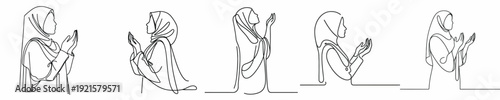 half body line art of a Muslim woman standing praying gesture in Ramadan side view