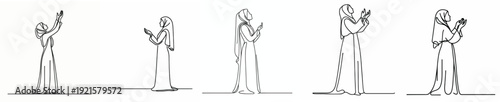 Line art of a Muslim woman standing praying gesture in Ramadan side view