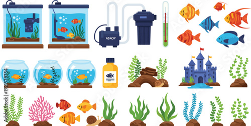 Aquarium Elements Collection with Fish, Tanks, Plants, and Accessories Illustration Set for Pet Care Design, Underwater Theme, and Aquatic Decoration
