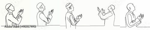 half body line art of a Muslim man standing praying gesture in Ramadan side view