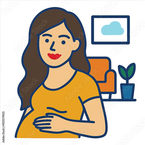 A warm, glowing vector icon of a pregnant woman in a yellow shirt, gently cradling her baby bump in a cozy home setting, symbolizing motherhood, family, and new beginnings.