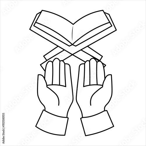 Line art illustration of praying hands below an open holy book on a rehal, symbolizing Islamic prayer and devotion.