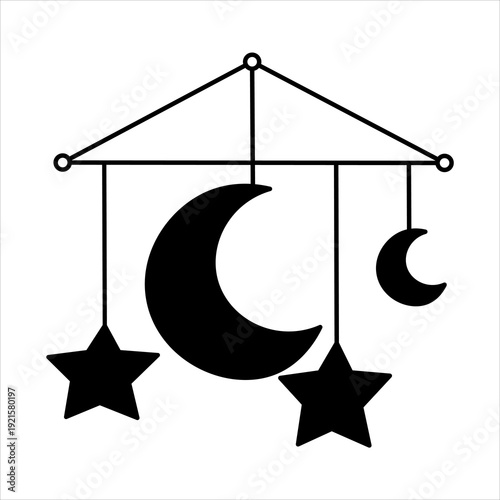 Black and white silhouette illustration of a baby mobile with hanging crescent moons and stars, symbolizing sleep and dreams.