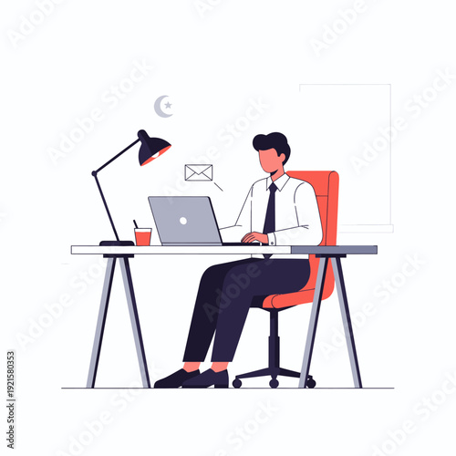 Man working late at office desk.
