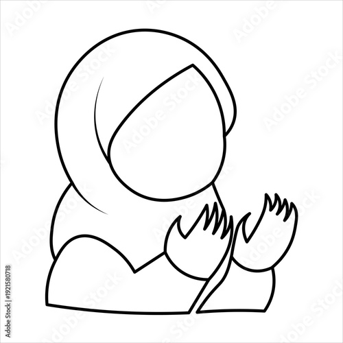 Line art illustration of a Muslim woman wearing a hijab, in a prayer or supplication posture with hands raised, minimalist style.