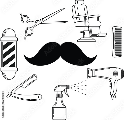Barbershop Equipment Vector Illustration Set with Scissors Razor Comb Hairdryer and Mustache for Grooming Salon Branding and Hairstyling Designs