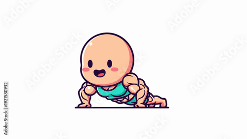 Cartoon baby doing push ups showing off muscles and strength.