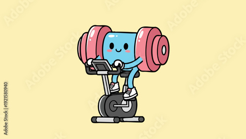 Cute cartoon dumbbell character exercising on stationary bike.