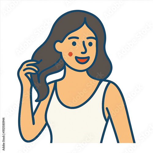 A smiling young woman with brown hair touches her tresses, depicted in a friendly and casual vector portrait with a subtle colorful neon glow, highlighting beauty and skin care concepts.