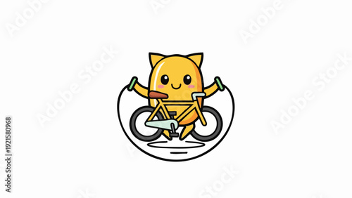Cute cartoon potato character riding a bicycle with a happy expression.