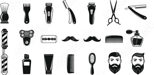 Barbershop Tools and Grooming Icons Vector Set with Clippers Razors Mustache and Hair Care Accessories for Salon Branding Designs