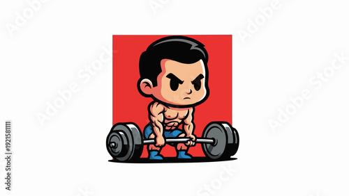 Cartoon weightlifter lifting barbell with determination and focus during workout.
