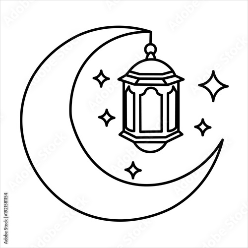 Line art drawing of a crescent moon with a hanging lantern and stars, symbolizing Islamic holidays like Ramadan or Eid Mubarak.