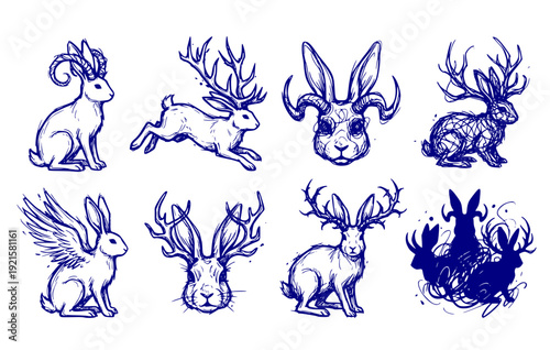 Mythical Jackalope Rabbit Deer Antlers Unique Animal Features Set 8 Chaotic Ink Sketch Surreal Blend-Intriguing Creature Vector Set
