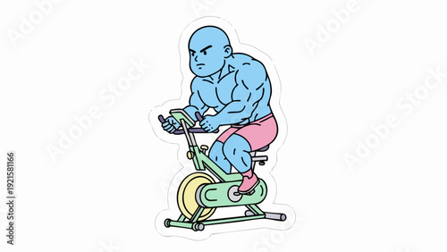 Blue muscular man working out on a stationary exercise bike.