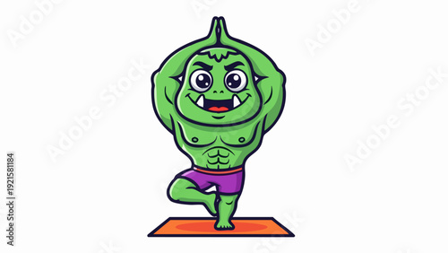 Funny green monster character practicing a yoga tree pose.