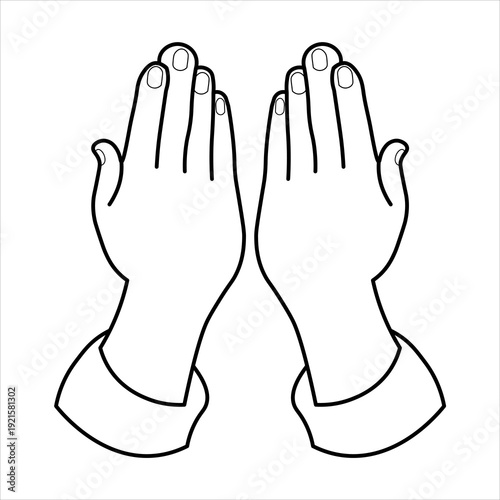 Black and white line art illustration of two hands with palms facing upwards, depicting a gesture of prayer, supplication, or receiving.