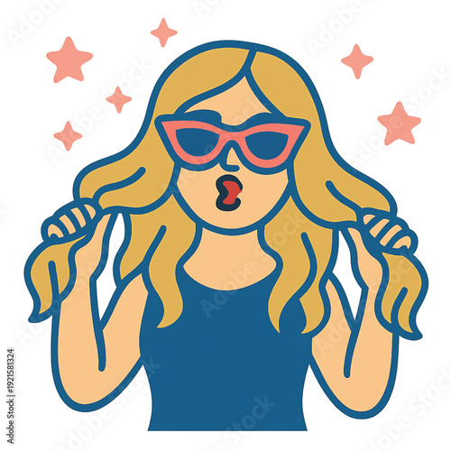 Playful young blonde woman with colorful neon glow, making a kissy face and wearing trendy sunglasses, playing with her hair, surrounded by stars, vector illustration