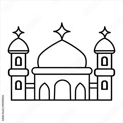 Simple line art illustration of a mosque with a central dome and two minarets, featuring star-shaped finials, on a white background.