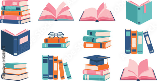 Books and Reading Elements Collection with Open Books, Stacks, and Graduation Cap Illustration Set for Education, Library, and Academic Learning Design