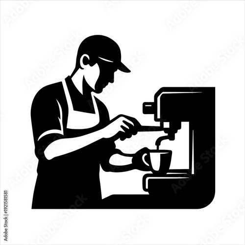 A barista in a black and white illustration expertly operates an espresso machine to make a coffee