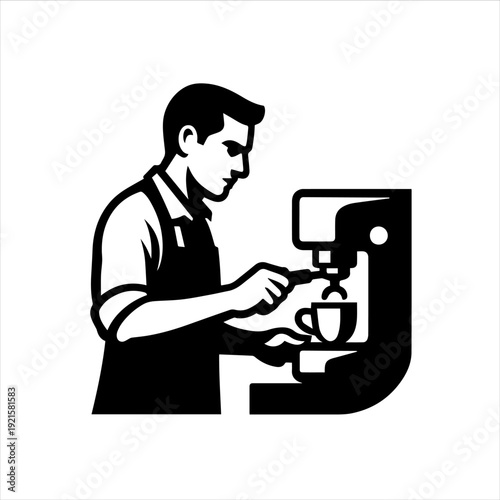 A barista in a black apron expertly uses a coffee machine to pour a beverage into a cup on a clean white background