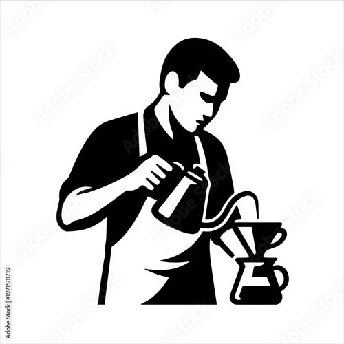 A man in an apron pouring coffee from a filter into a pot in a simple black and white illustration