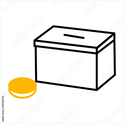 Simple line drawing of a white rectangular box with a slot on top, next to a single yellow coin, symbolizing voting, donations, or savings.
