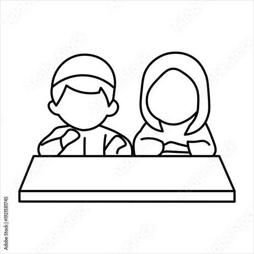 Simple line art illustration of two faceless children, a boy with a cap and a girl with a hijab, sitting together at a desk, representing students or classmates.